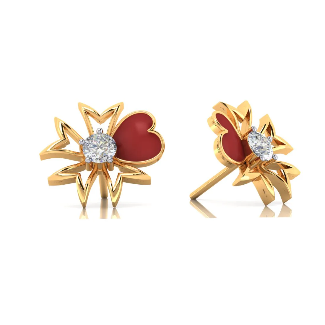 14k Red Heart Floral Design Gold Earrings With American Diamond