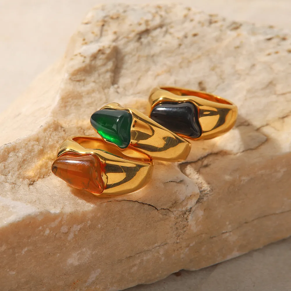 18K Gold Plated Black/Green/Brown Natural Stone Ring