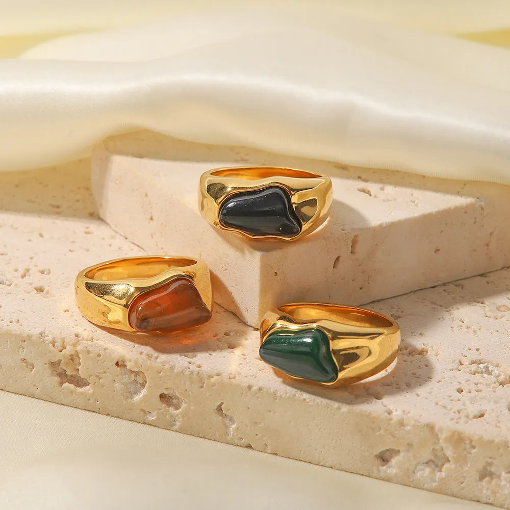 18K Gold Plated Black/Green/Brown Natural Stone Ring