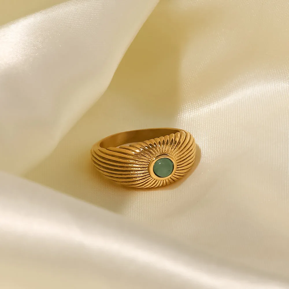 18K Gold Plated Inlaid Natural Green Stone Sun Shaped Punk Ring