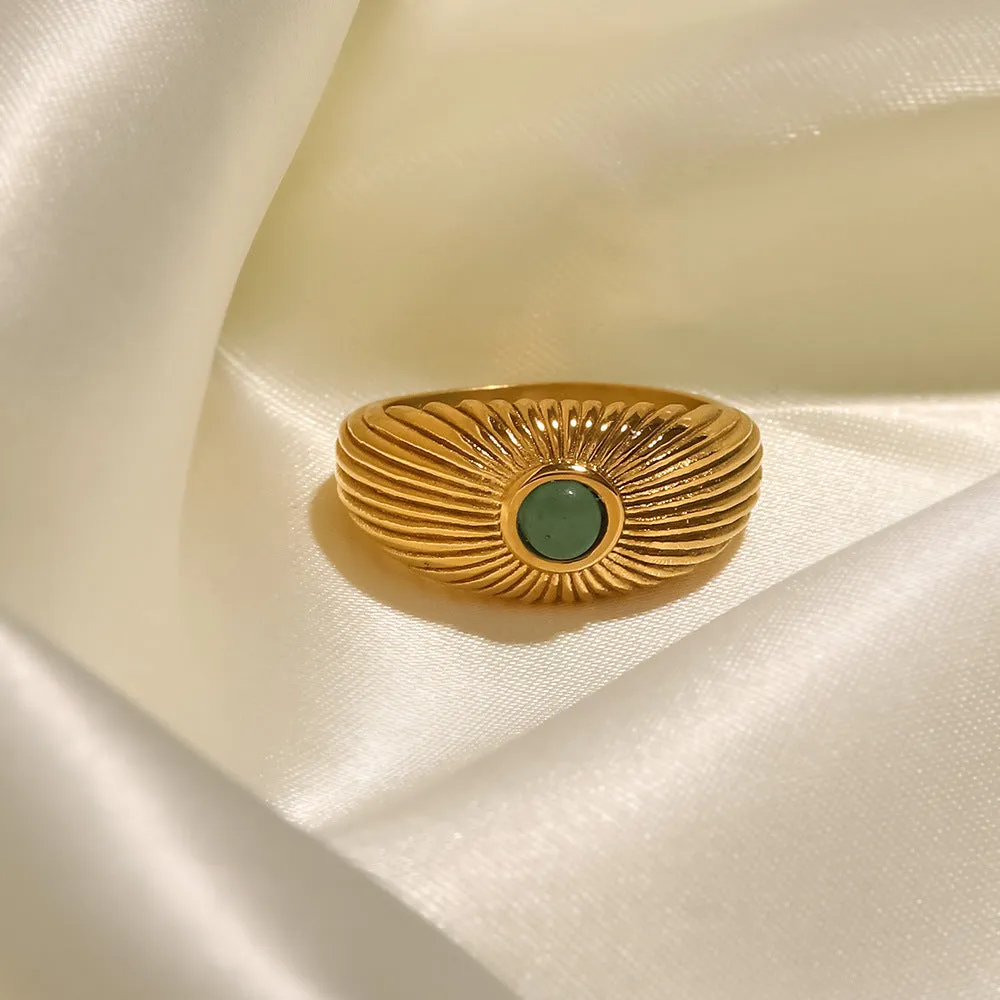 18K Gold Plated Inlaid Natural Green Stone Sun Shaped Punk Ring