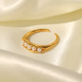 18K Gold Plated Inlaid White Pearl Pea Pod Design Adjustable Ring