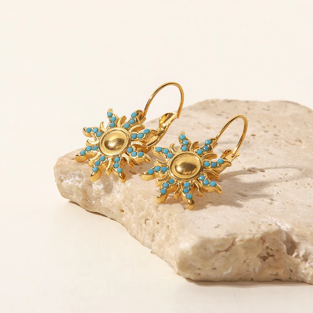 18k Gold Plated Sapphire Sun Shape Drop Earrings