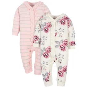 2-Pack Baby Girls Roses & Stripe Coveralls