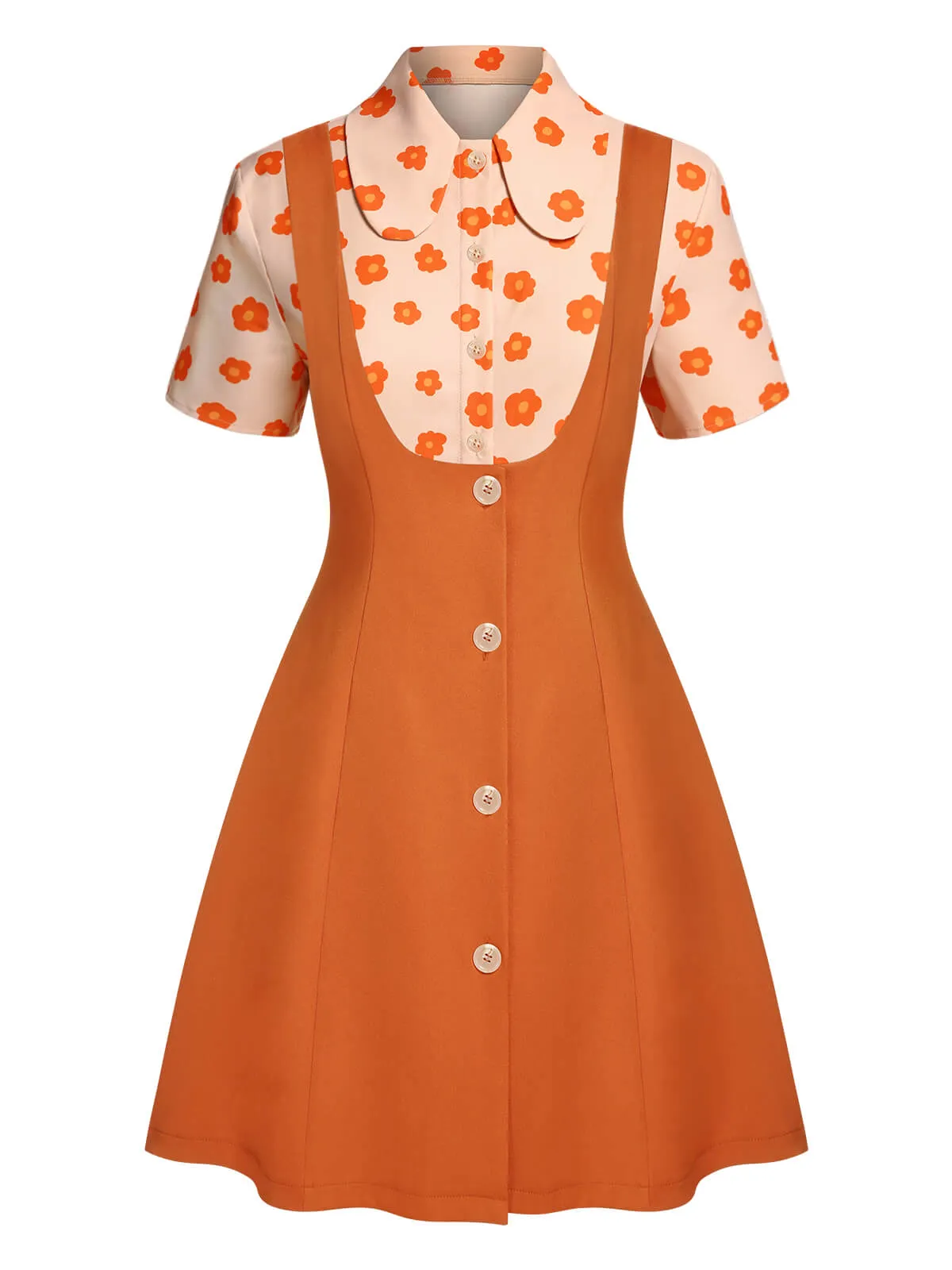 2PCS Orange 1960s Floral Shirt & Skirt