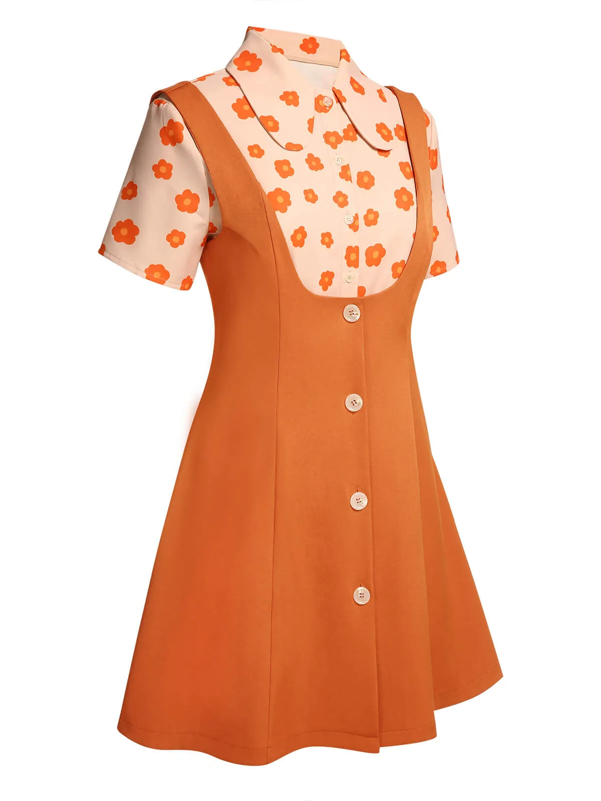 2PCS Orange 1960s Floral Shirt & Skirt