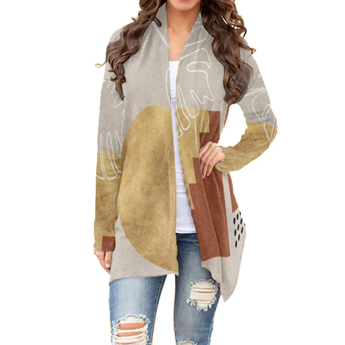 All-Over Print Women's Cardigan With Long Sleeve21 gold, rust, and beige print