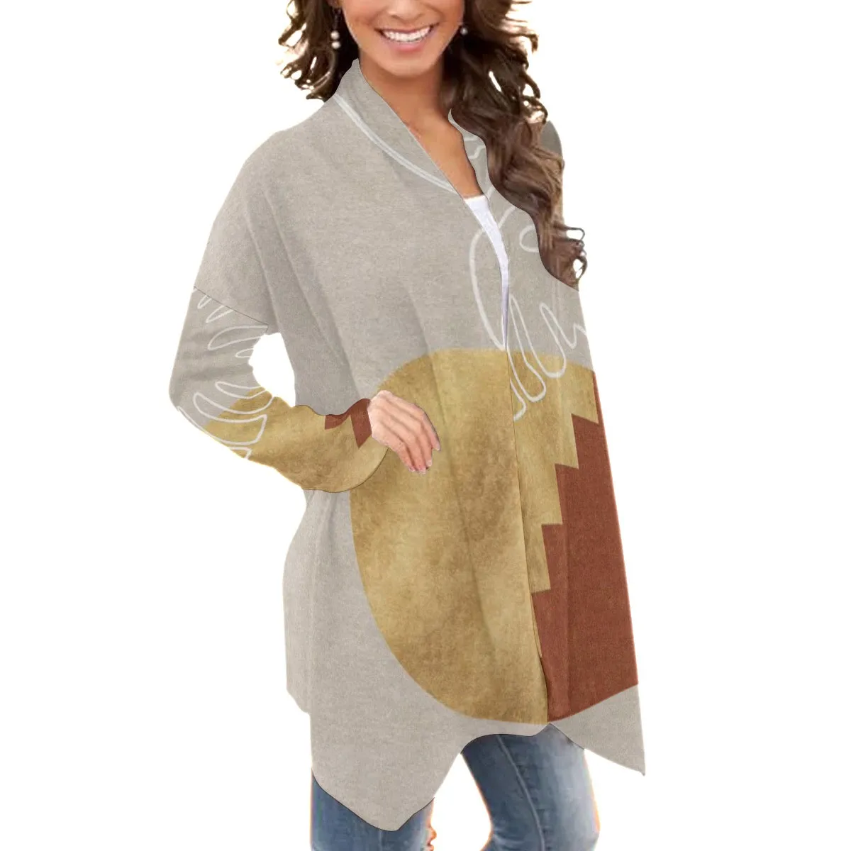 All-Over Print Women's Cardigan With Long Sleeve21 gold, rust, and beige print