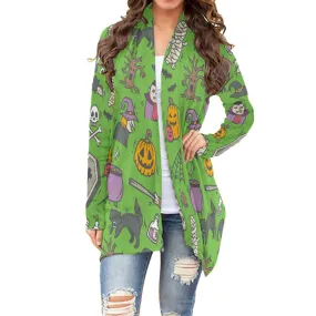 All-Over Print Women's Cardigan With Long Sleeve25 green Halloween print