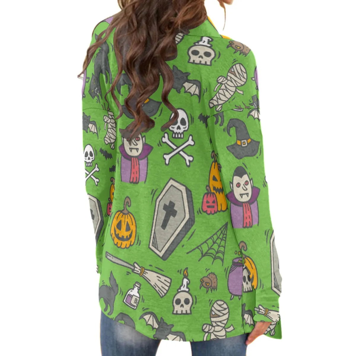 All-Over Print Women's Cardigan With Long Sleeve25 green Halloween print