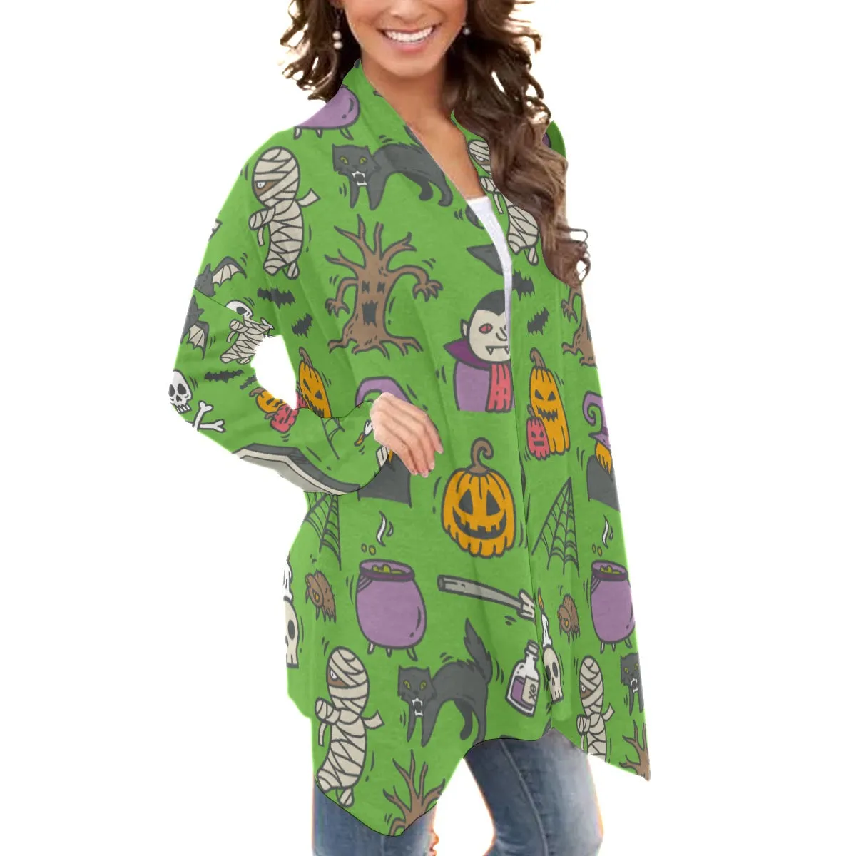 All-Over Print Women's Cardigan With Long Sleeve25 green Halloween print