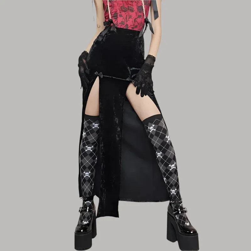 Alt Fashion High Waist Long Skirt with Double Slit Women Winter Velvet Black Sexy Skirts Gothic Punk Clothes P80-CZ22