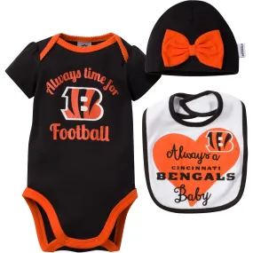 Always a Bengals Baby Girl Bodysuit, Bib and Cap Set