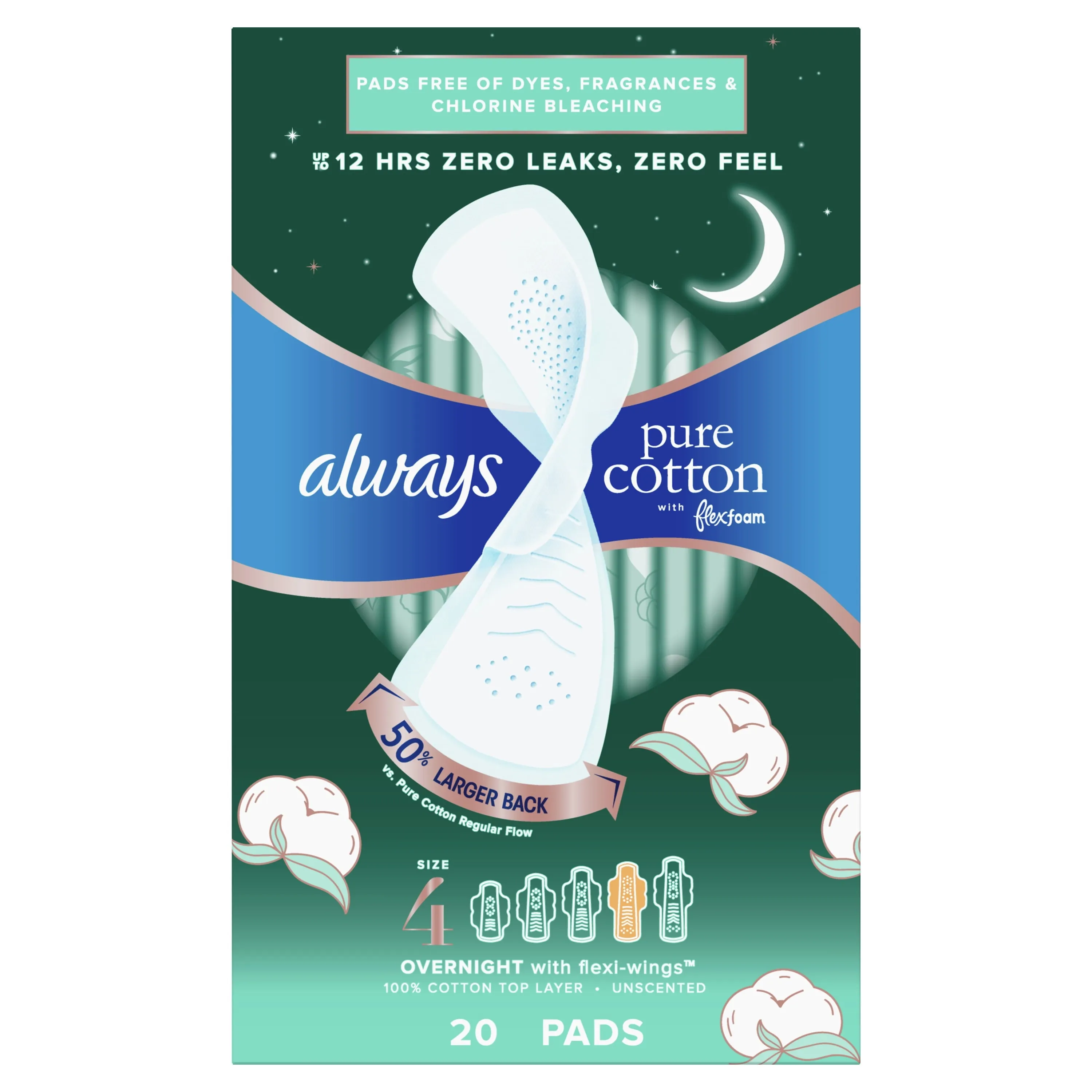 Always Pure Cotton Feminine Pads With WIngs, Size 4, Overnight Absorbency, 20 CT