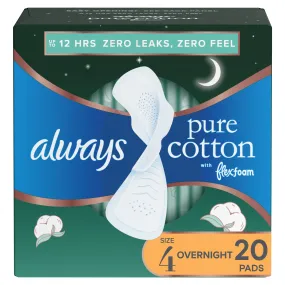 Always Pure Cotton Feminine Pads With WIngs, Size 4, Overnight Absorbency, 20 CT