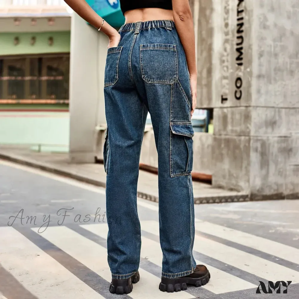 Amy Fashion - Vintage Streetwear High Waist Women American Fashion Blue Wide Leg Trouser Female Baggy Straight Denim Jean