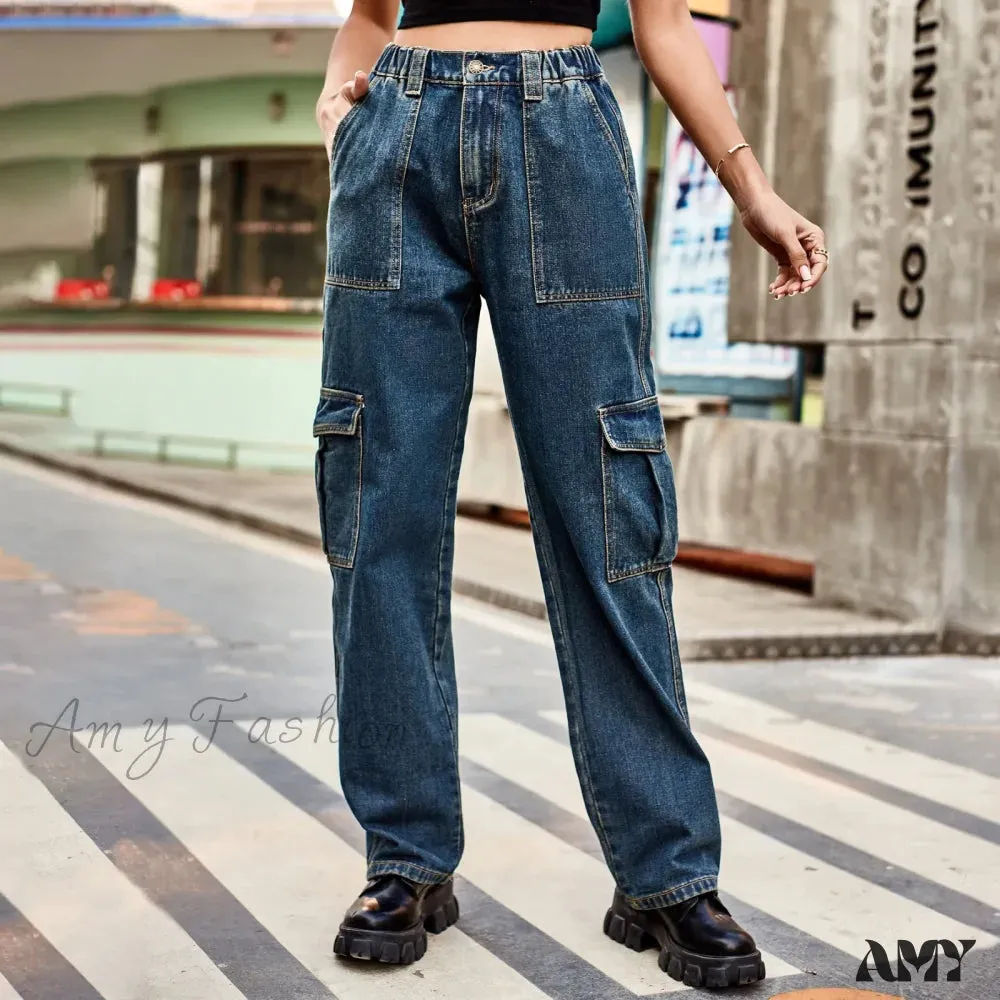 Amy Fashion - Vintage Streetwear High Waist Women American Fashion Blue Wide Leg Trouser Female Baggy Straight Denim Jean