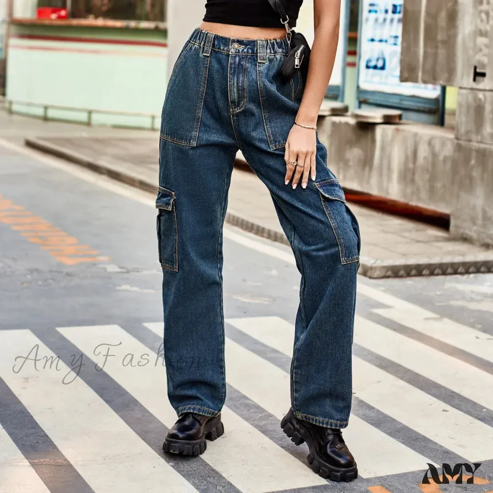 Amy Fashion - Vintage Streetwear High Waist Women American Fashion Blue Wide Leg Trouser Female Baggy Straight Denim Jean