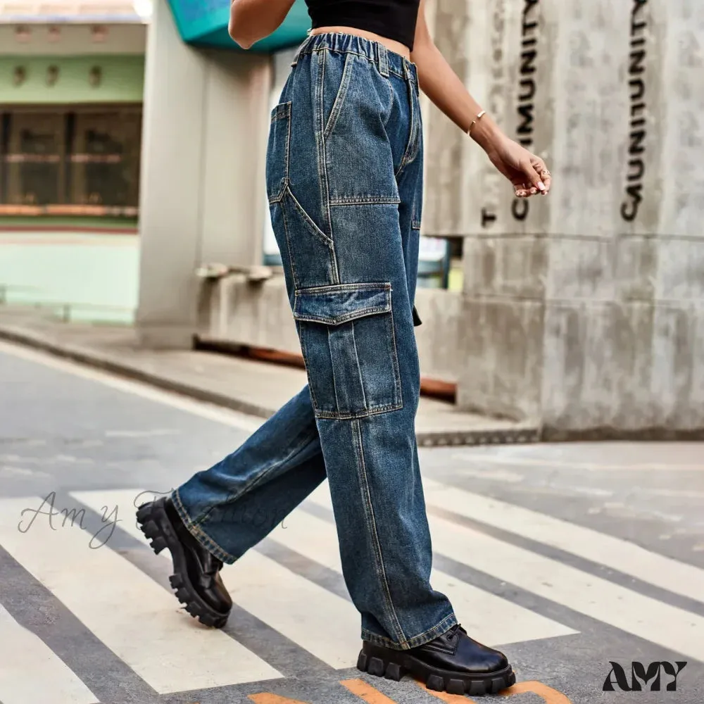 Amy Fashion - Vintage Streetwear High Waist Women American Fashion Blue Wide Leg Trouser Female Baggy Straight Denim Jean