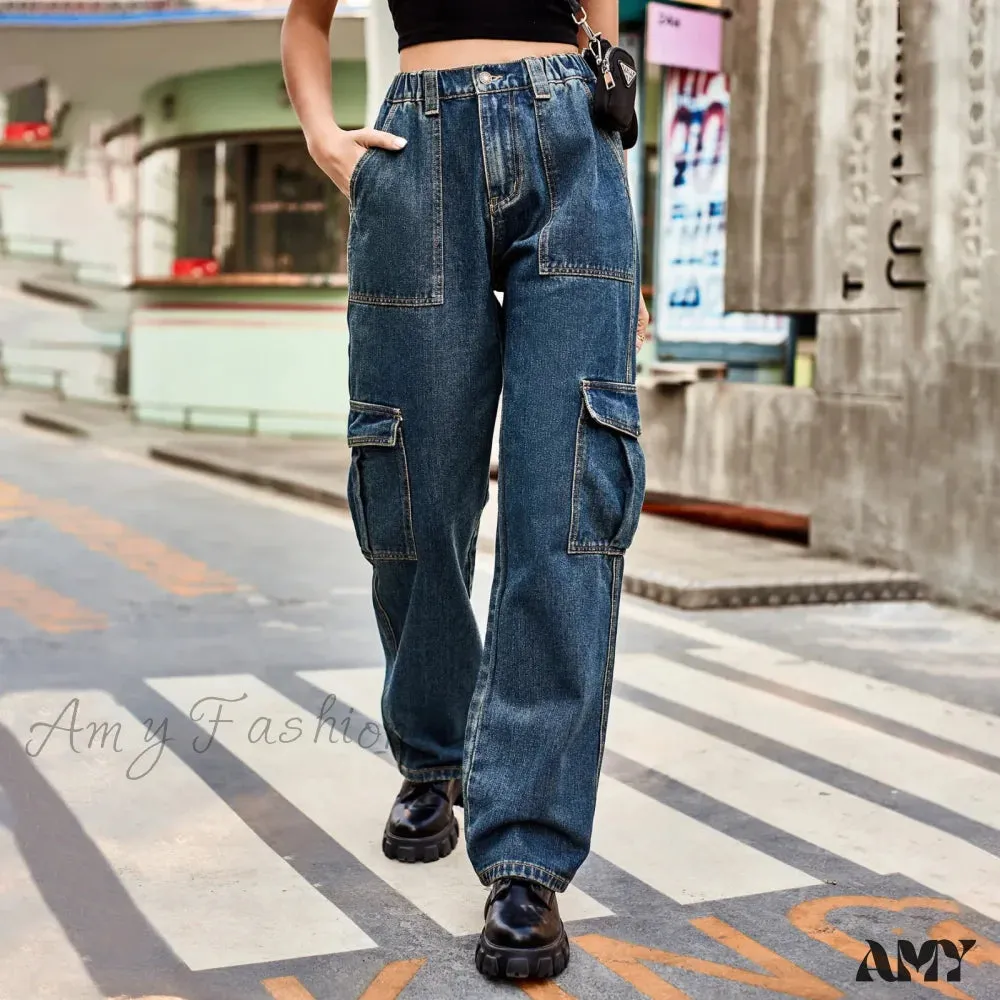 Amy Fashion - Vintage Streetwear High Waist Women American Fashion Blue Wide Leg Trouser Female Baggy Straight Denim Jean