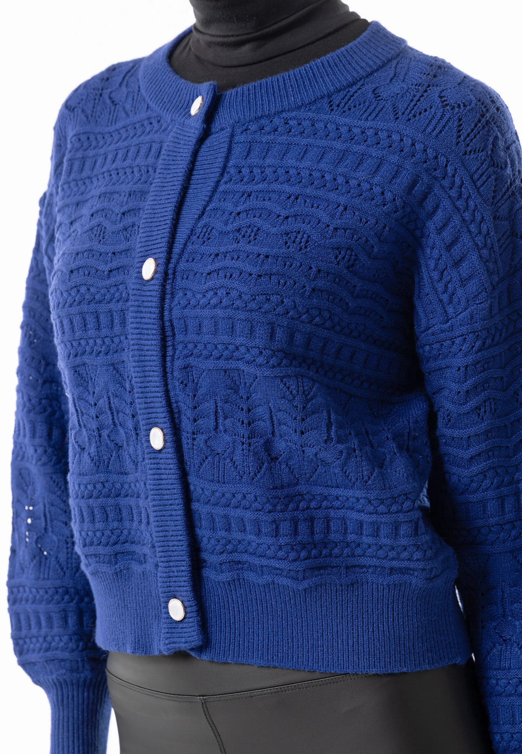 Angeleye Cable Knit Crew Button Cardigan In Navy