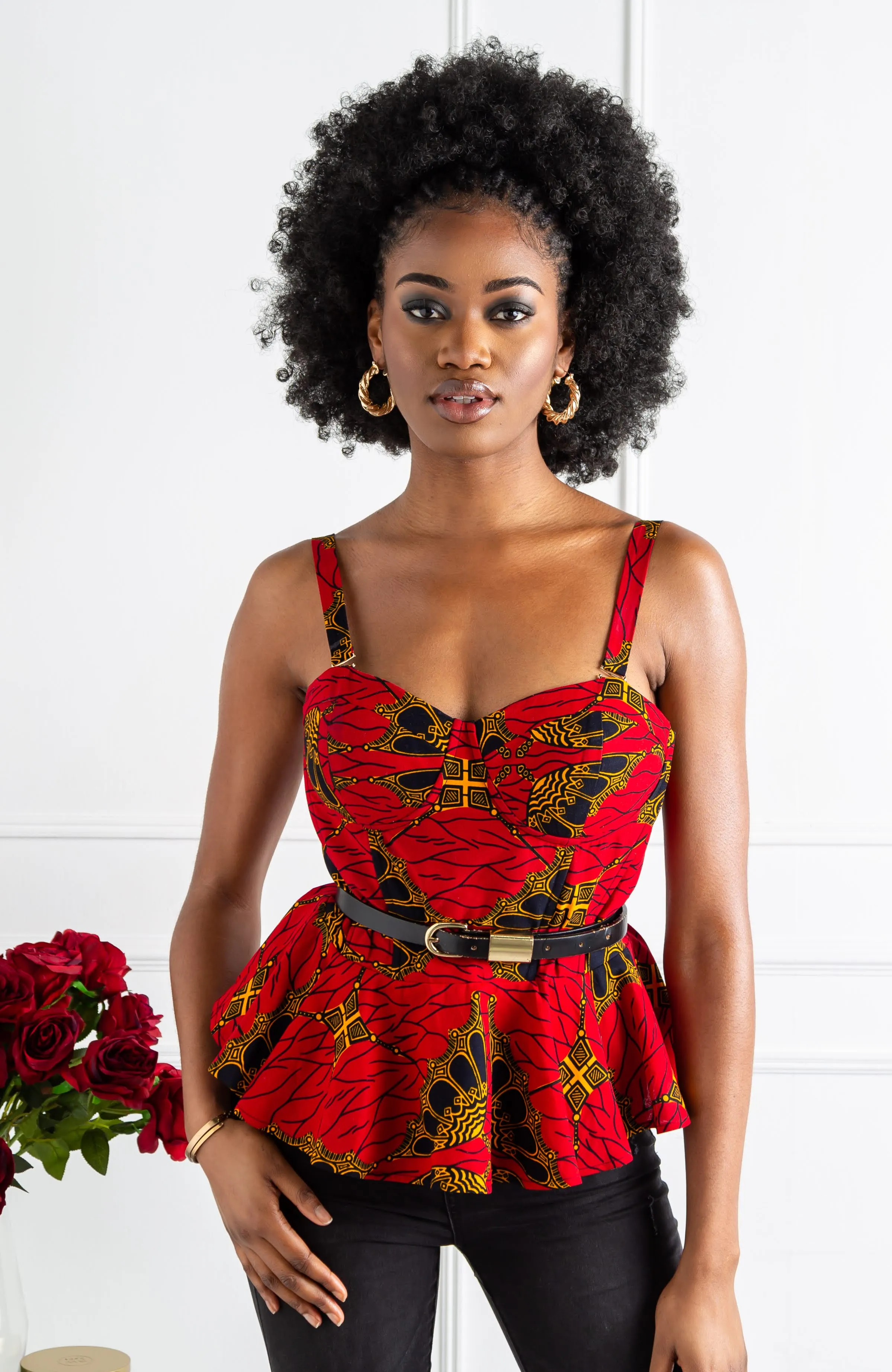 Ankara African Print Sleeveless Corset Peplum Red Blouse - Cordelia