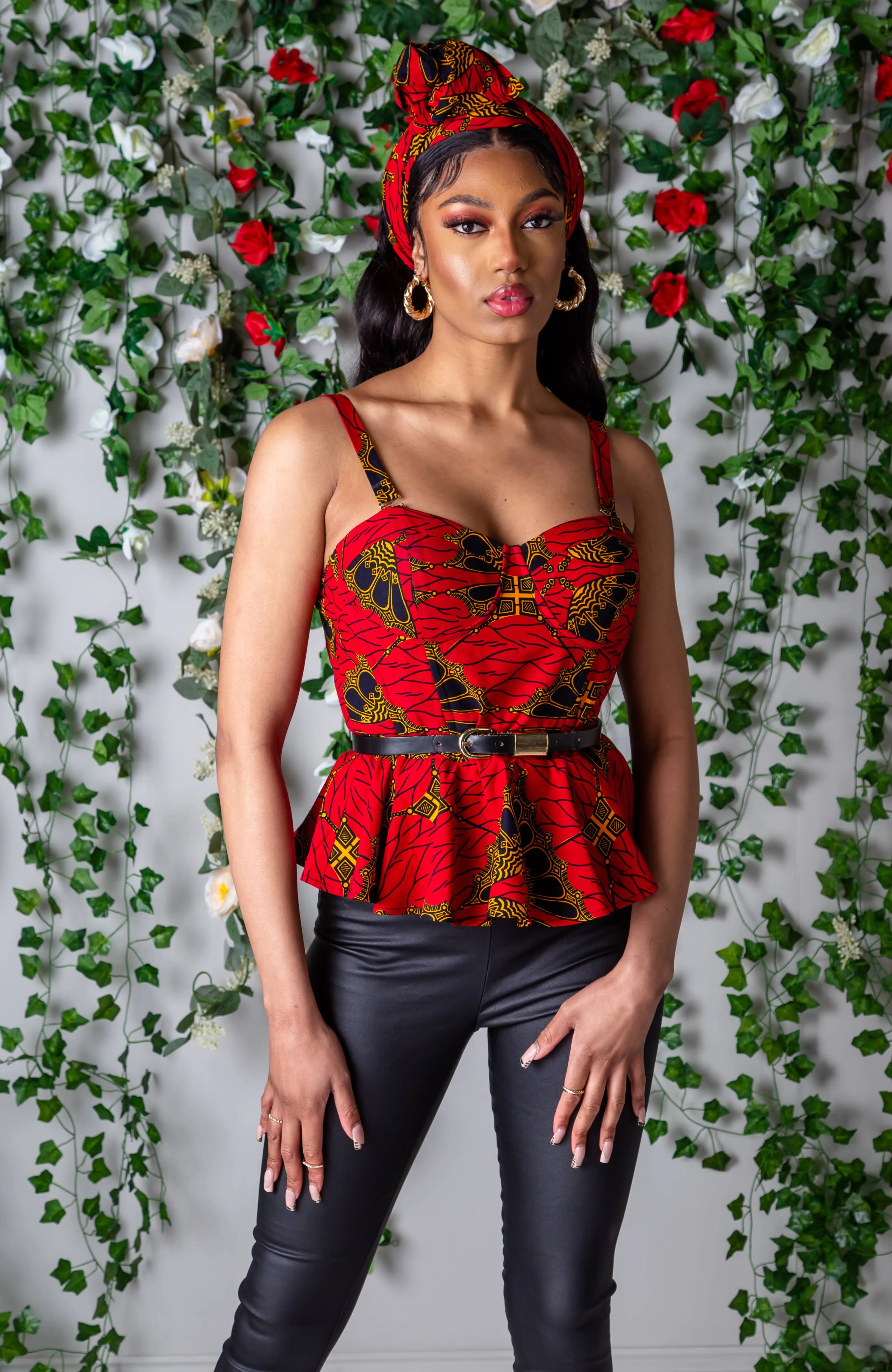 Ankara African Print Sleeveless Corset Peplum Red Blouse - Cordelia