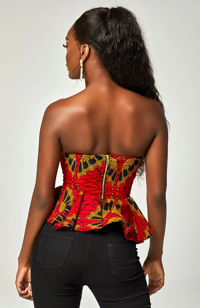 Ankara African Print Sleeveless Corset Peplum Red Blouse - Cordelia