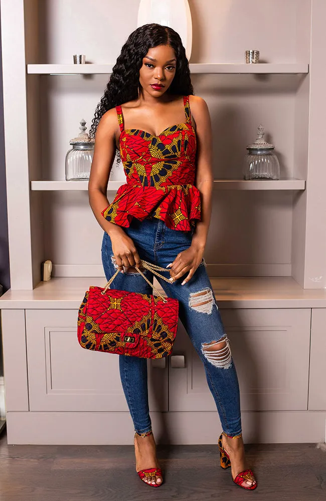 Ankara African Print Sleeveless Corset Peplum Red Blouse - Cordelia