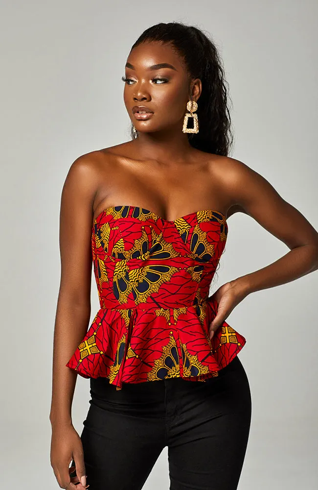 Ankara African Print Sleeveless Corset Peplum Red Blouse - Cordelia