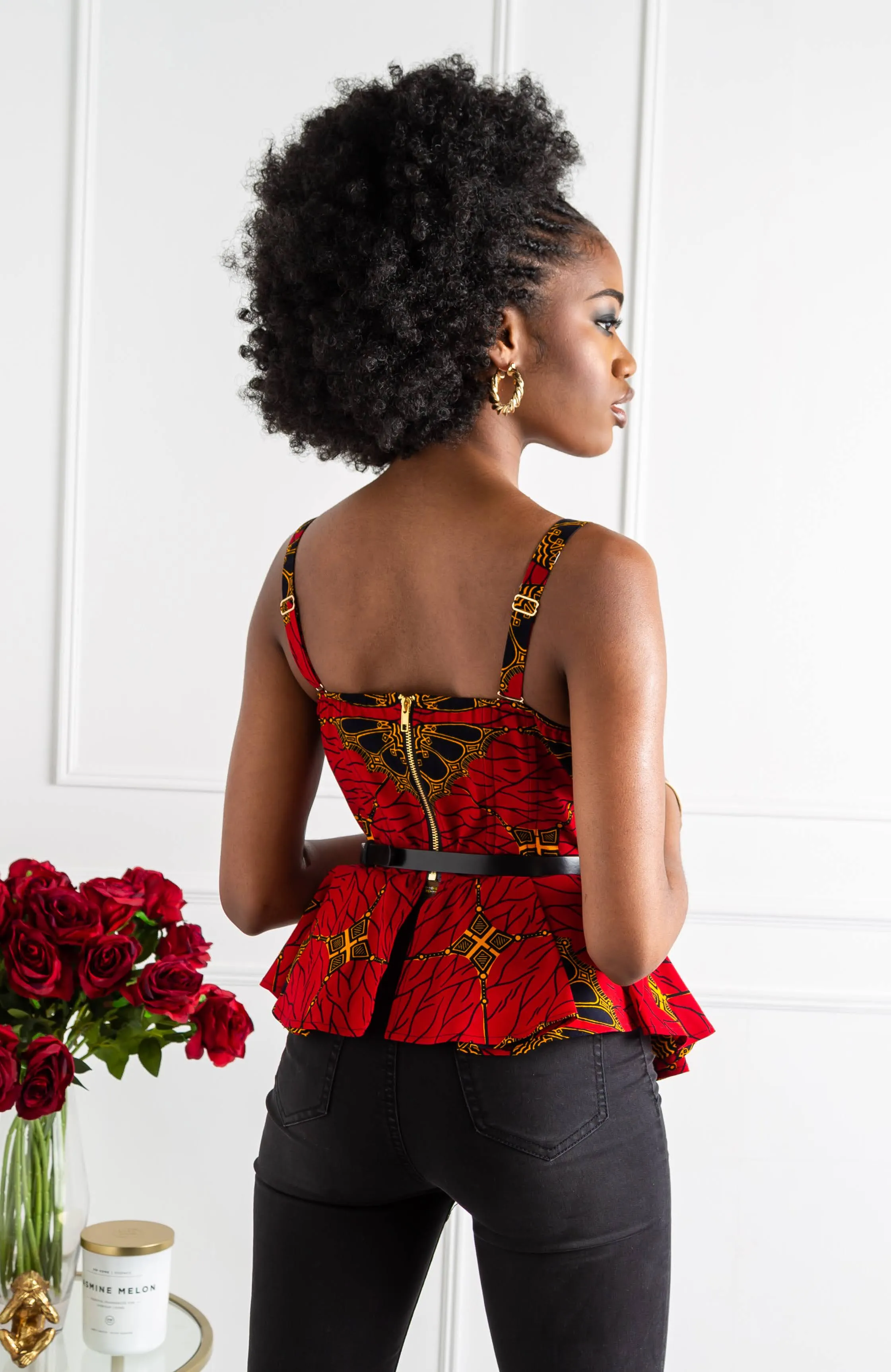 Ankara African Print Sleeveless Corset Peplum Red Blouse - Cordelia