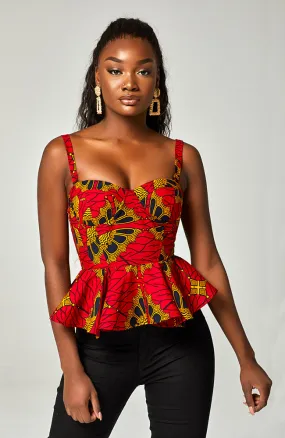 Ankara African Print Sleeveless Corset Peplum Red Blouse - Cordelia