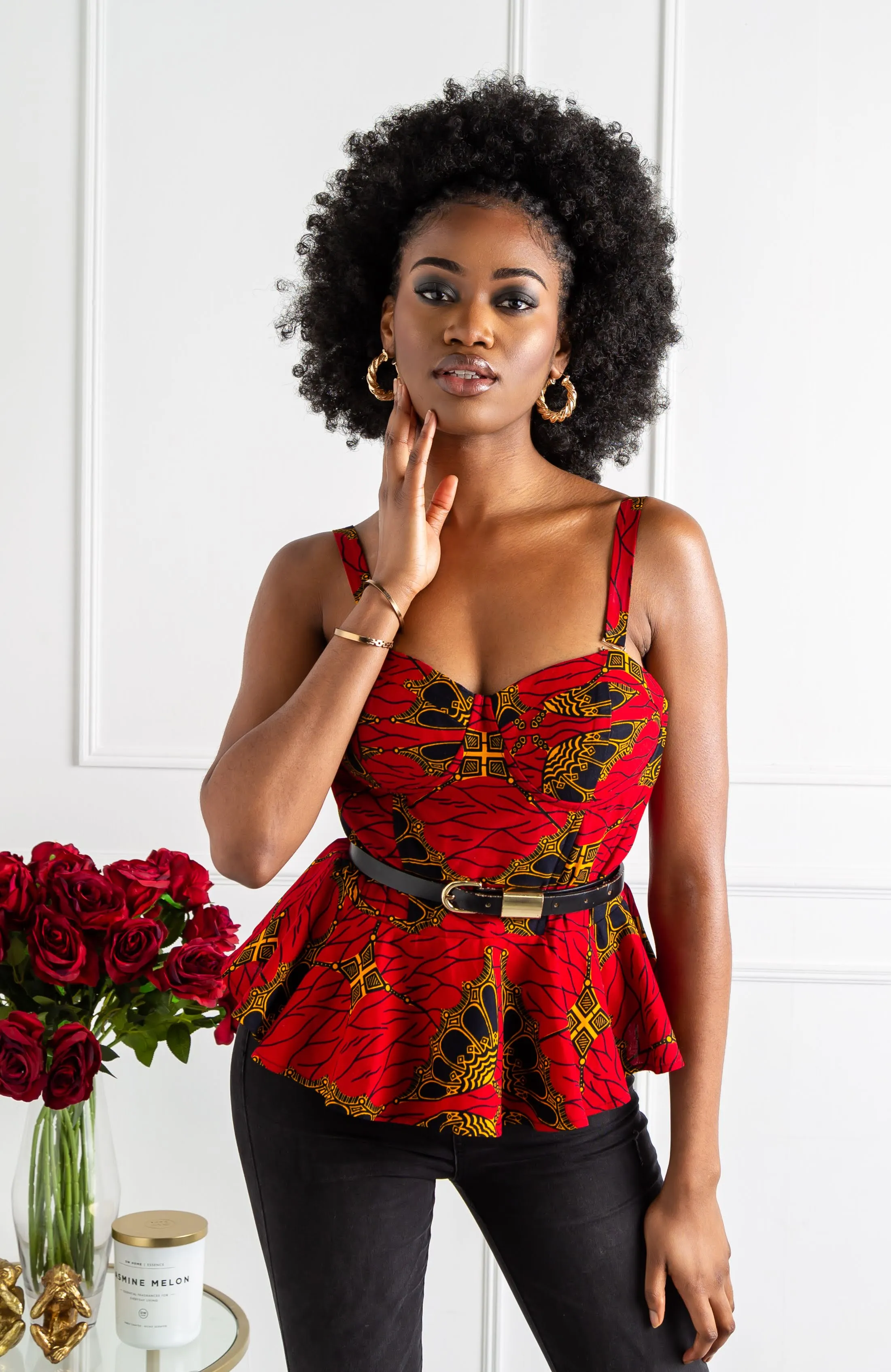 Ankara African Print Sleeveless Corset Peplum Red Blouse - Cordelia