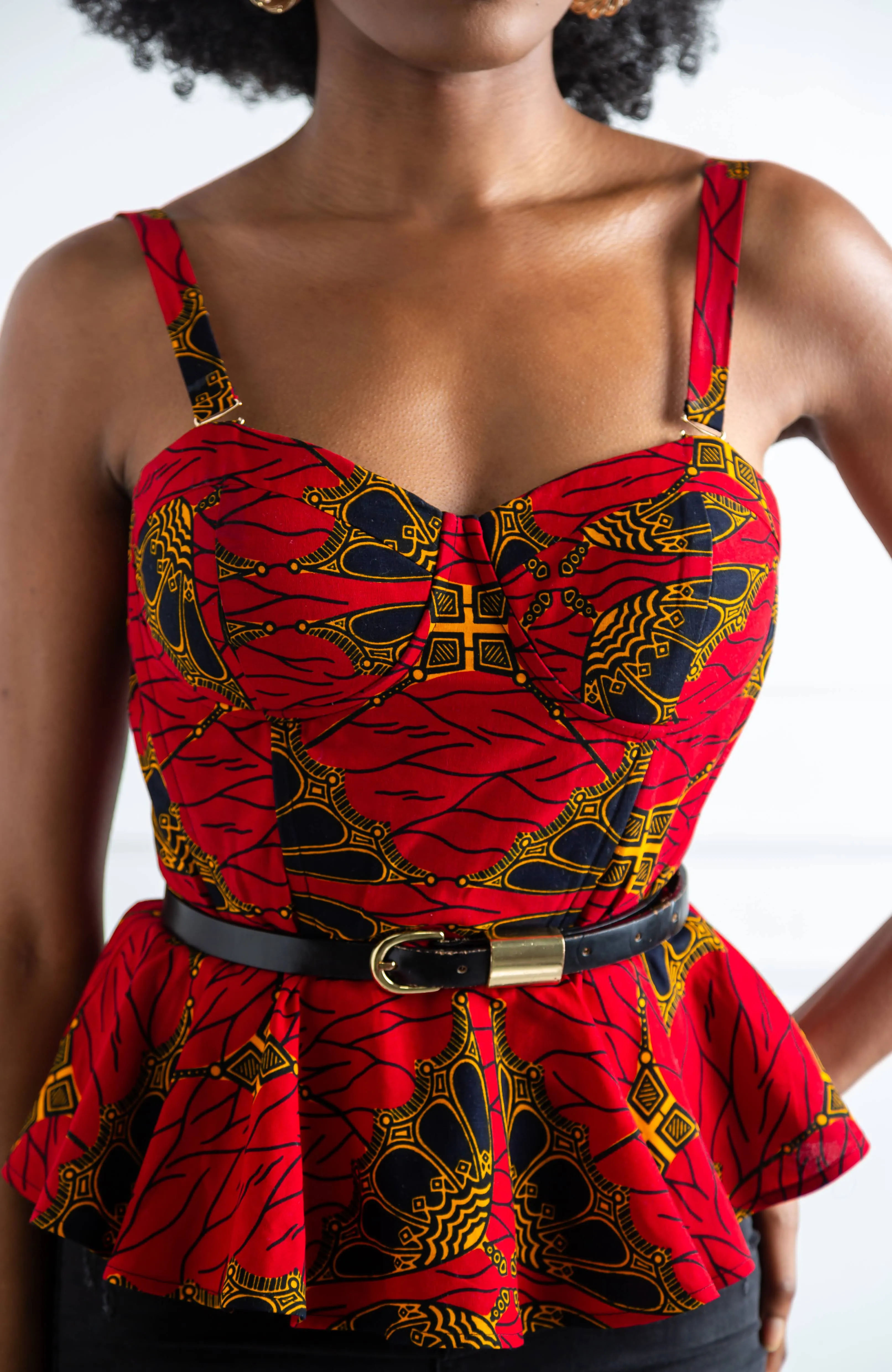 Ankara African Print Sleeveless Corset Peplum Red Blouse - Cordelia