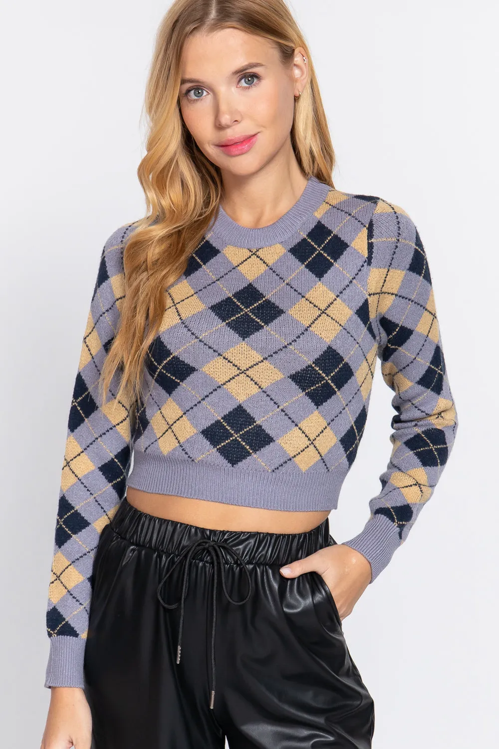 ARGYLE JACQUARD CROP SWEATWER