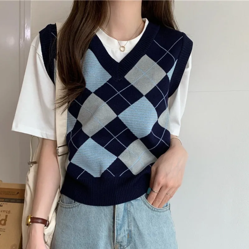 Argyle Women Sweater Vest Korean Style Autumn Knit Pullover Cute Jumper Casual V Neck Blue Loose Ladies Plaid Vest