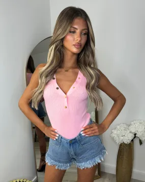 Aurora Button V Neck Bodysuit - Baby Pink