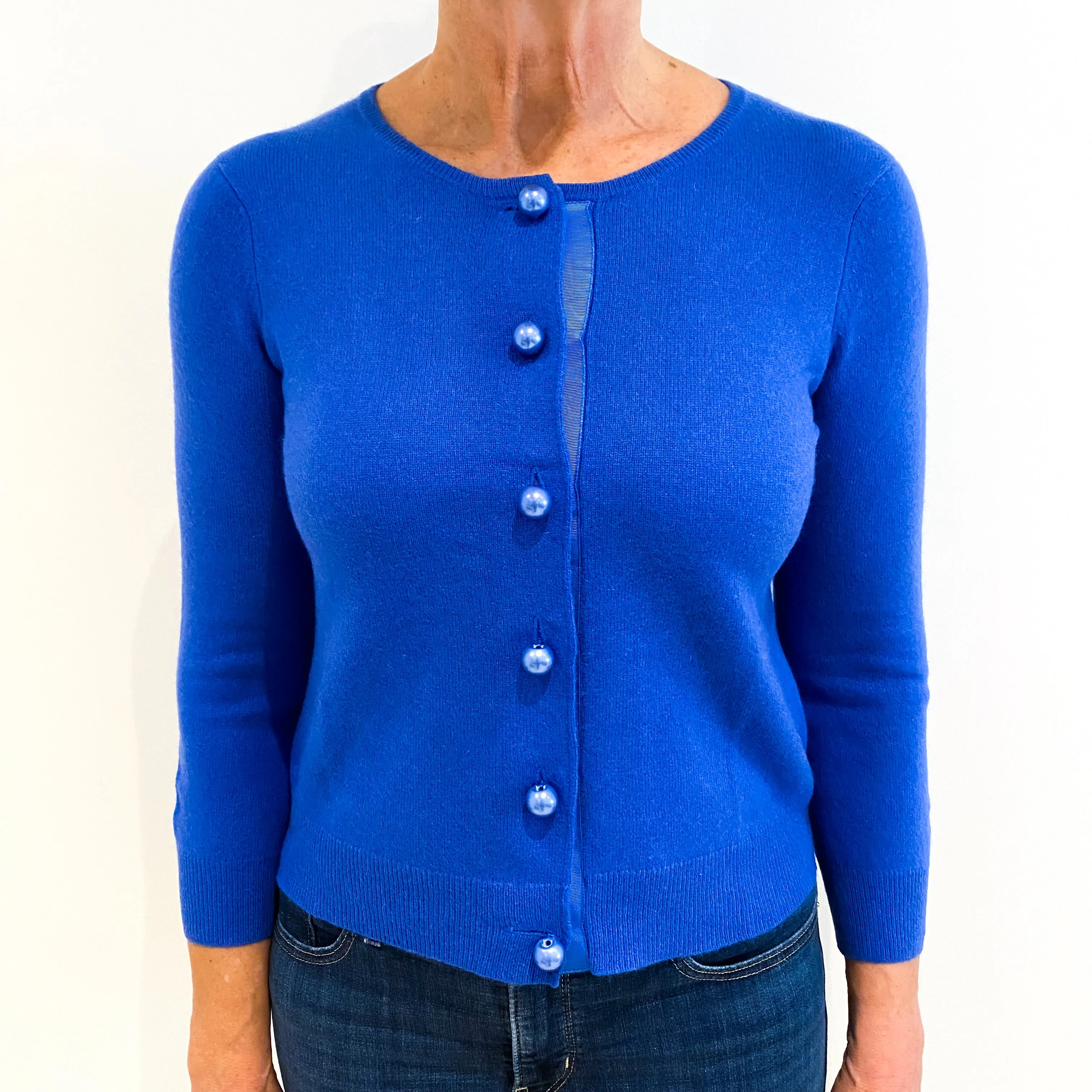 Azure Blue 3/4 Sleeve Cashmere Crew Neck Cardigan Medium