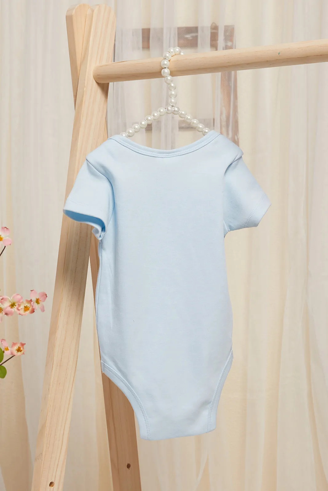 Baby Blue And White Printed Bodysuit Set (Pack Of 3)