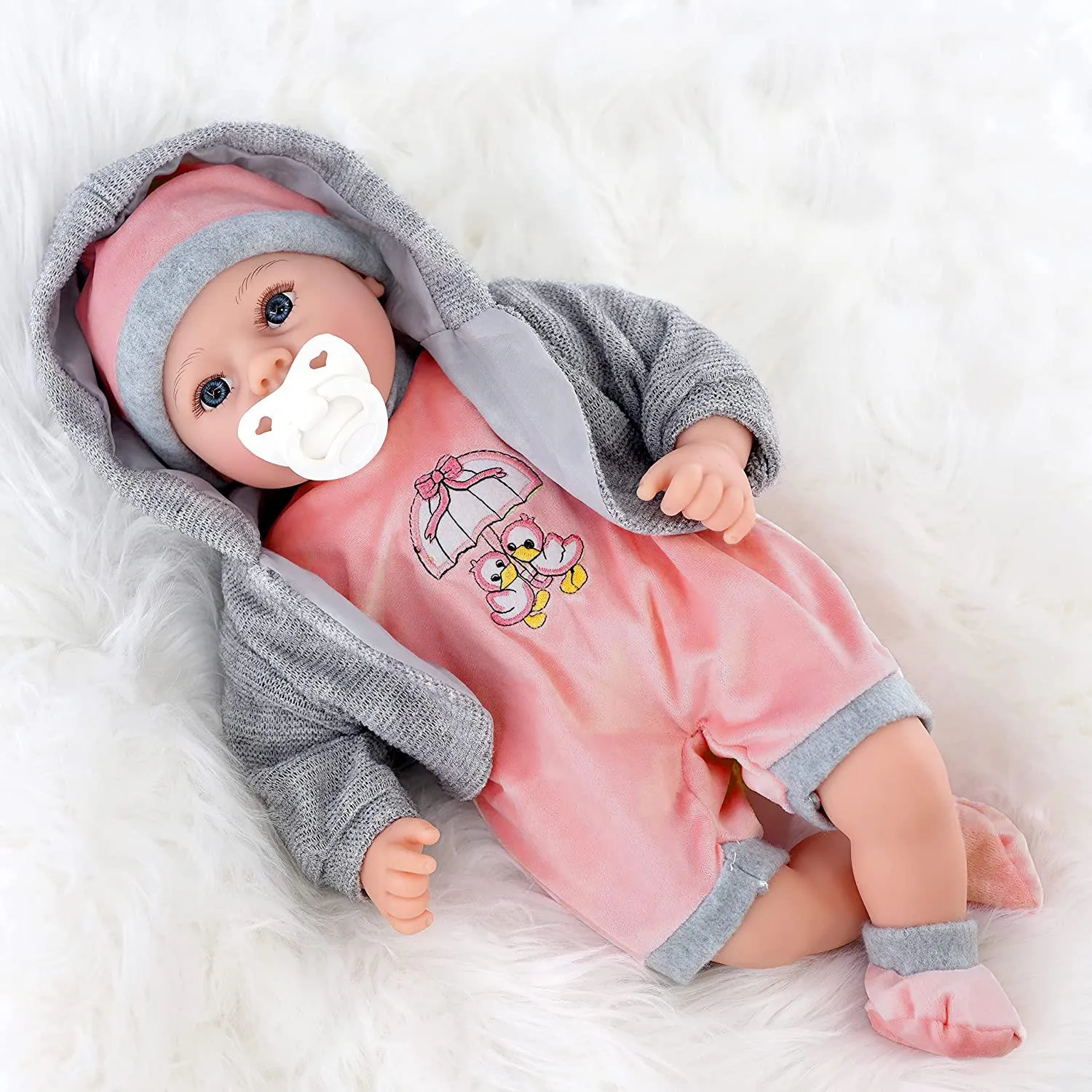 Baby Girl Doll With Dummy & Sounds Grey