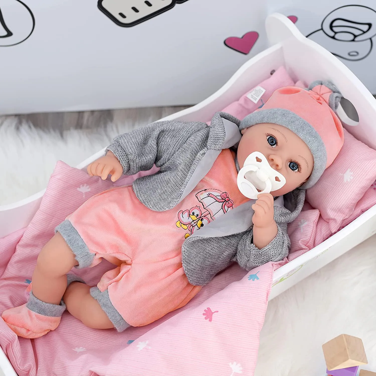 Baby Girl Doll With Dummy & Sounds Grey