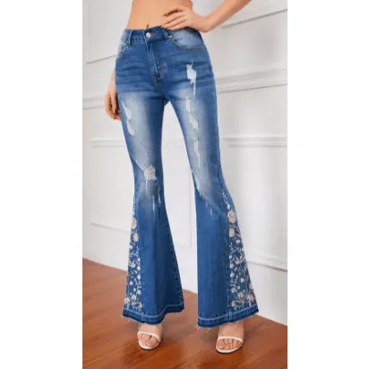 Bell Bottom Distressed Stretch Jeans with Embroidery