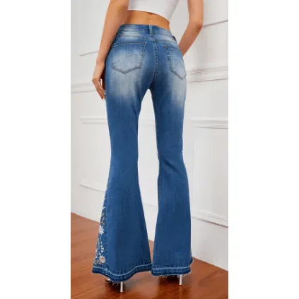 Bell Bottom Distressed Stretch Jeans with Embroidery