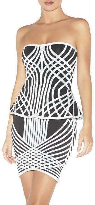 Black & White Techno Strapless Bandage Top & Skirt Set