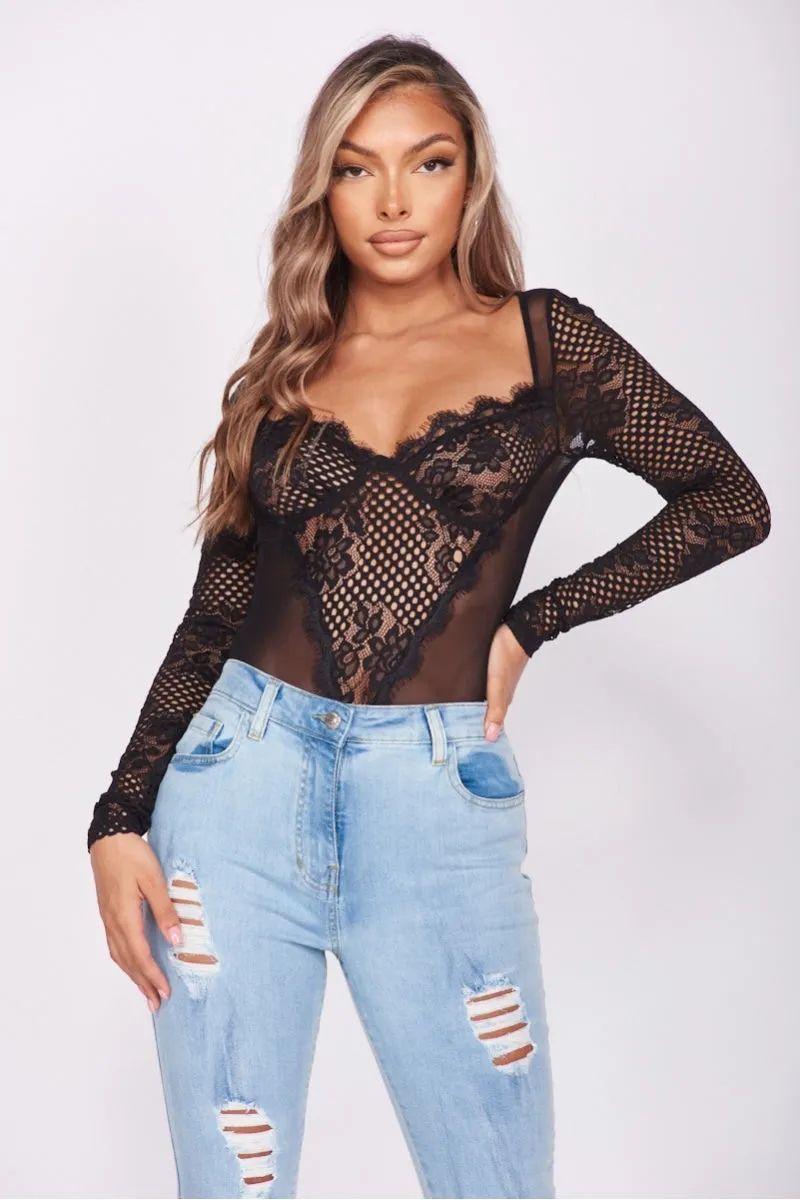 Black Eyelash Lace Trim Long Sleeve Bodysuit