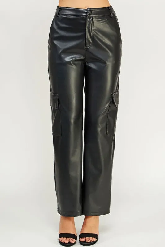 Black Faux Leather Cargo Pants