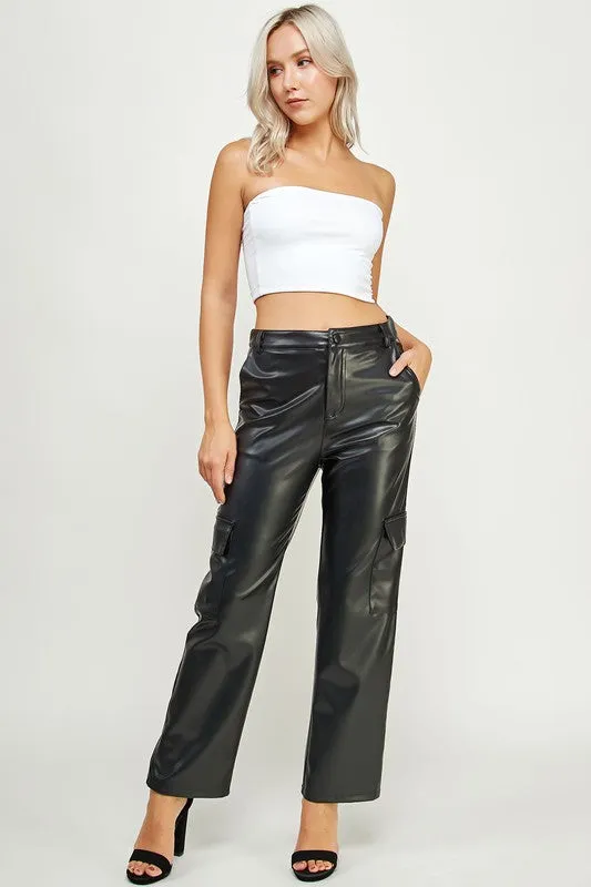 Black Faux Leather Cargo Pants