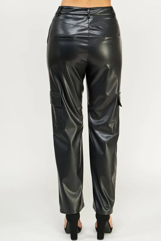 Black Faux Leather Cargo Pants