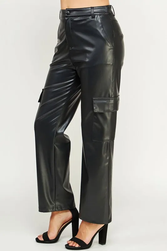 Black Faux Leather Cargo Pants