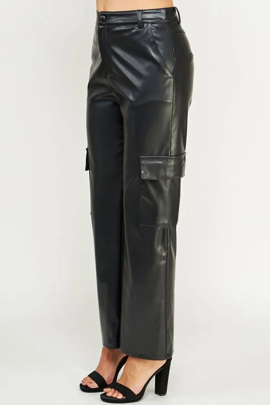 Black Faux Leather Cargo Pants